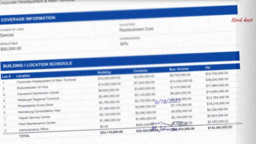 N5 ACORD 45 Building / Location Schedule. 9-row table with skewed page, blue bleed-through, red handwritten 'Need docs' annotation. Row 2 shows 'Rickerbacker Air Hub' with $14,800,000 building value.